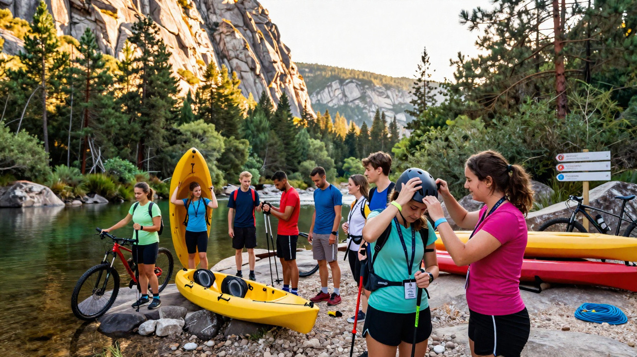 Grupo de jovens prepara equipamentos para caiaque num rio rodeado de árvores e montanhas.