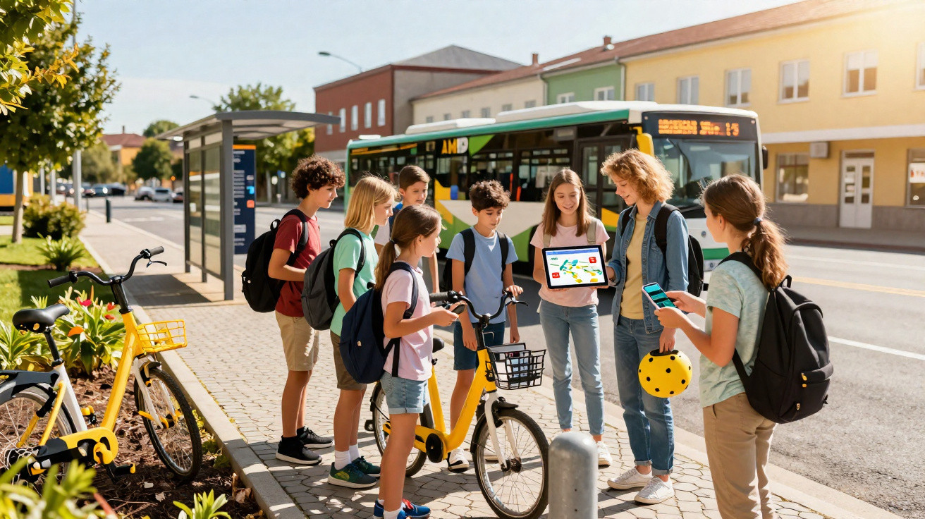 Grupo de crianças com bicicletas na paragem de autocarro, uma mostra tablet e outra usa telemóvel.