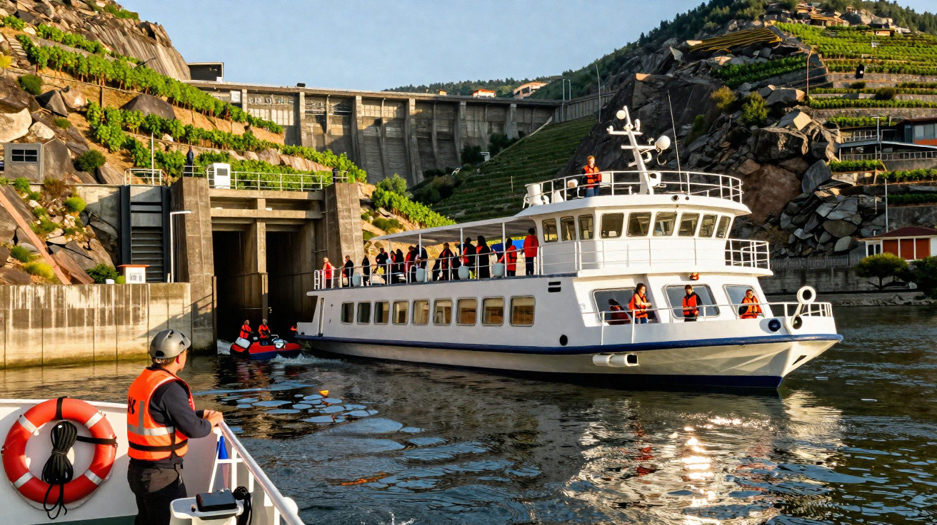 Barco turístico com passageiros navega perto de albufeira com barragem e colinas de vinha ao fundo.