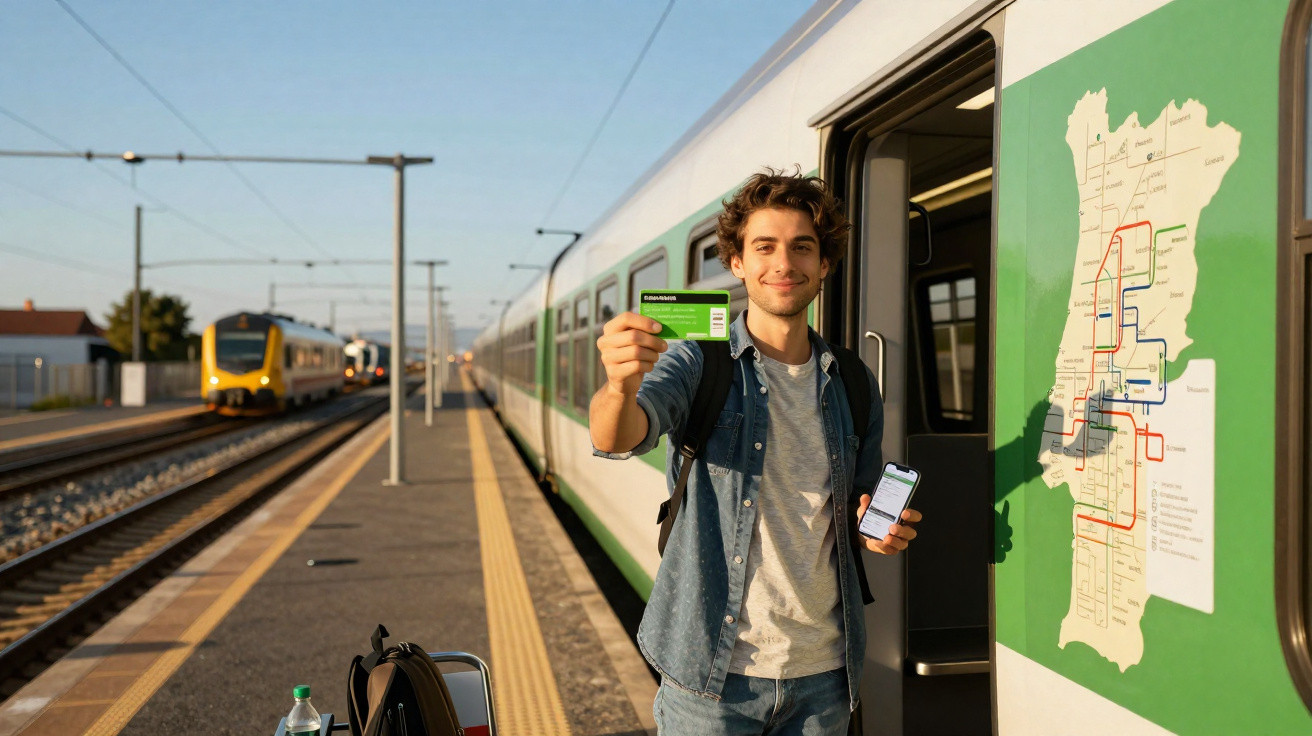 Jovem num apeadeiro de comboio em Portugal mostra um cartão de transporte e um telemóvel junto a um mapa das linhas.