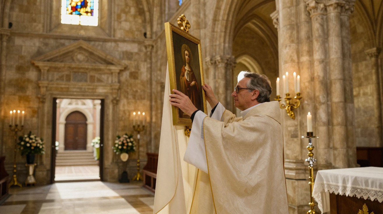 Sacerdote a segurar um quadro religioso dentro de uma igreja com velas acesas e decoração clássica.