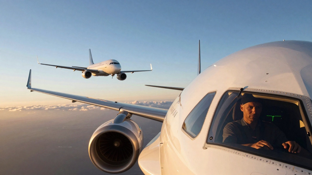Dois aviões em voo, com piloto visível na cabine do avião da frente ao pôr do sol.