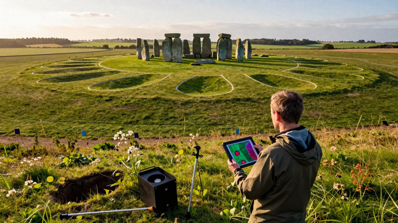 Pessoa a usar tablet perto de Stonehenge com marcações circulares no campo ao entardecer.