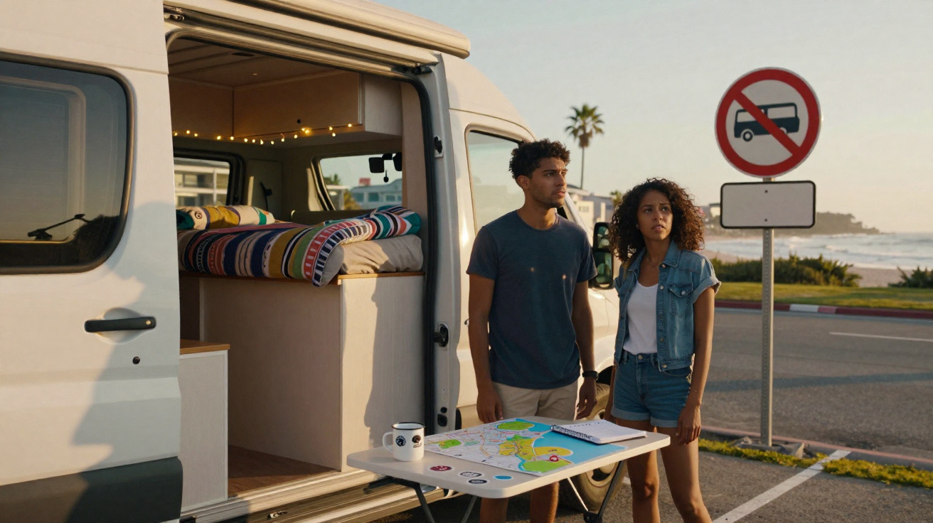 Jovem casal junto a campervan com mesa, mapas e café, perto do mar ao pôr do sol, com sinal de proibição de autocaravanas.