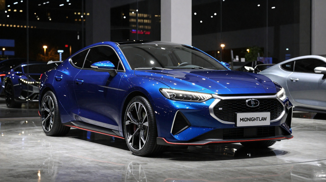 Carro desportivo azul brilhante estacionado em showroom moderno com piso refletor e iluminação noturna.
