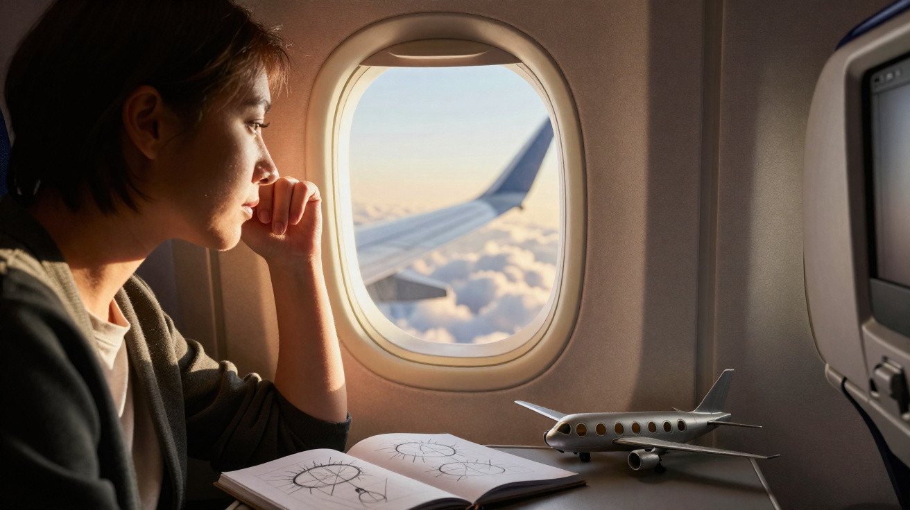 Pessoa pensativa sentada junto à janela de avião com caderno de desenhos e modelo de avião na mesa.