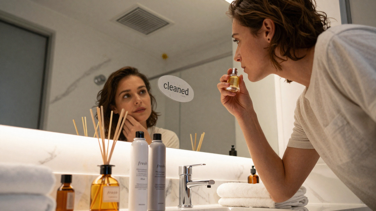 Mulher a cheirar perfume junto a espelho num banheiro moderno com toalhas e produtos de higiene.