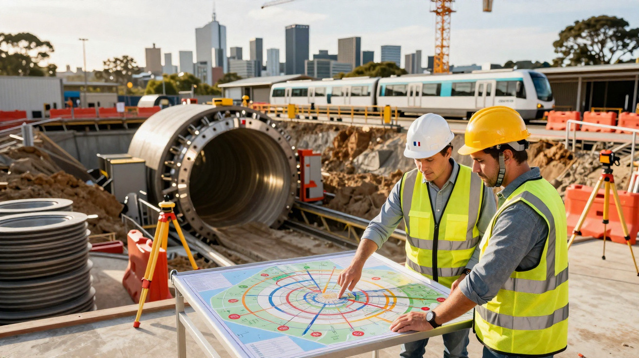 Dois engenheiros com capacetes e coletes analisam planta de obra numa construção de túnel em área urbana.