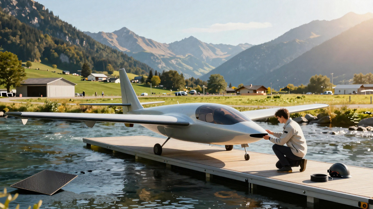 Homem ajusta pequeno avião elétrico num píer sobre um lago rodeado por montanhas verdes e casas.