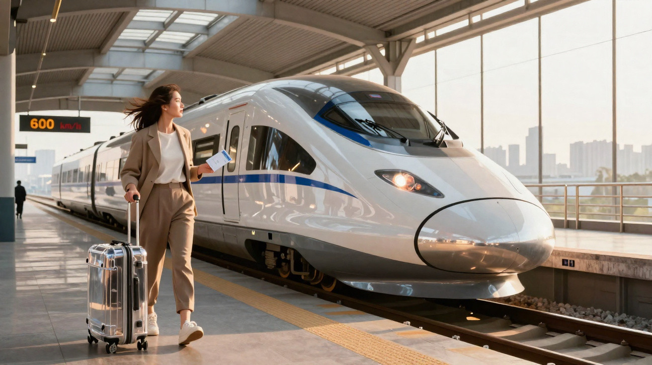 Mulher com mala e bilhete caminha na plataforma ao lado de comboio de alta velocidade numa estação moderna.