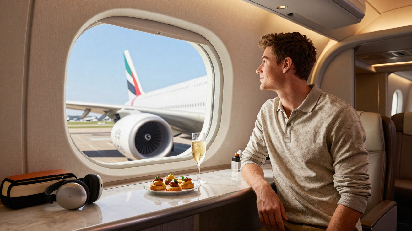 Homem sentado junto à janela de avião, com petiscos, champanhe e auscultadores numa mesa.
