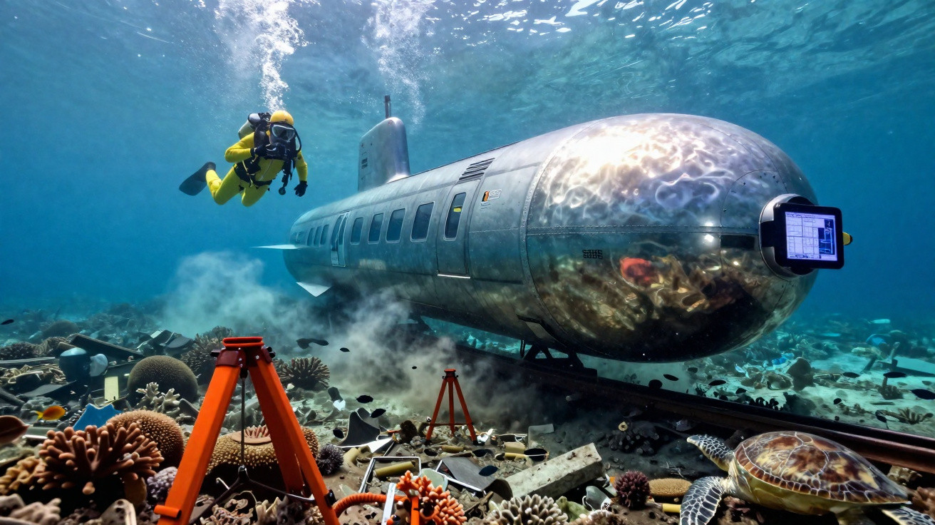 Mergulhador com fato amarelo próximo a submarino metálico no fundo do mar com corais e tartarugas.