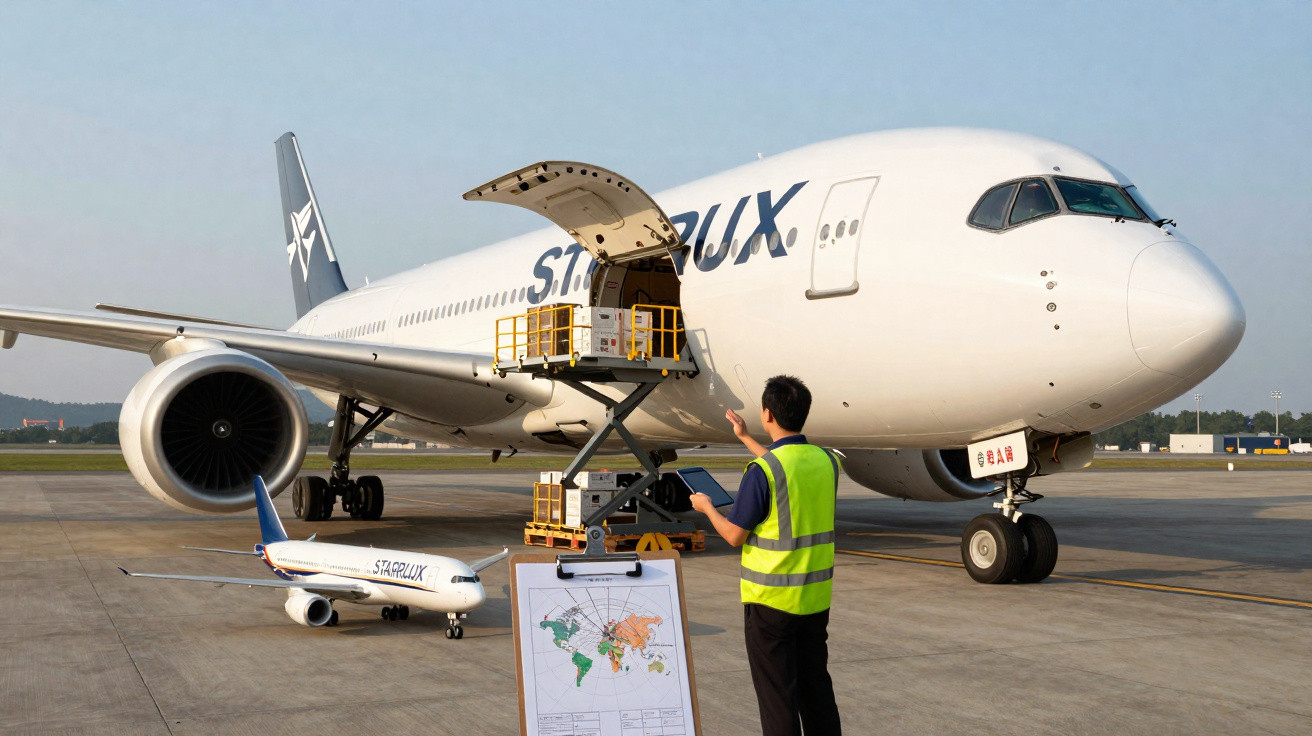 Funcionário coordena carregamento de carga em avião de carga da STARLUX no aeroporto.