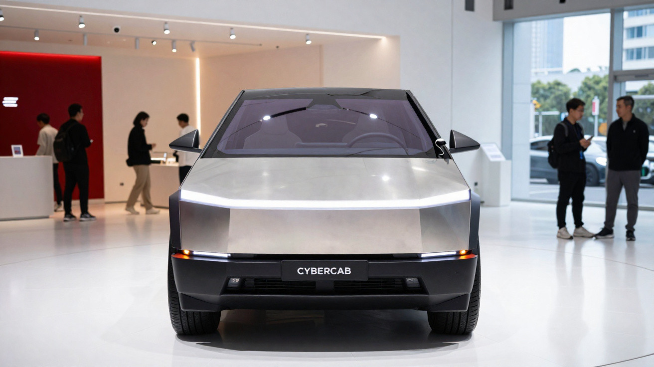 Veículo Cybercab futurista prateado exibido em ambiente interior com pessoas ao fundo.