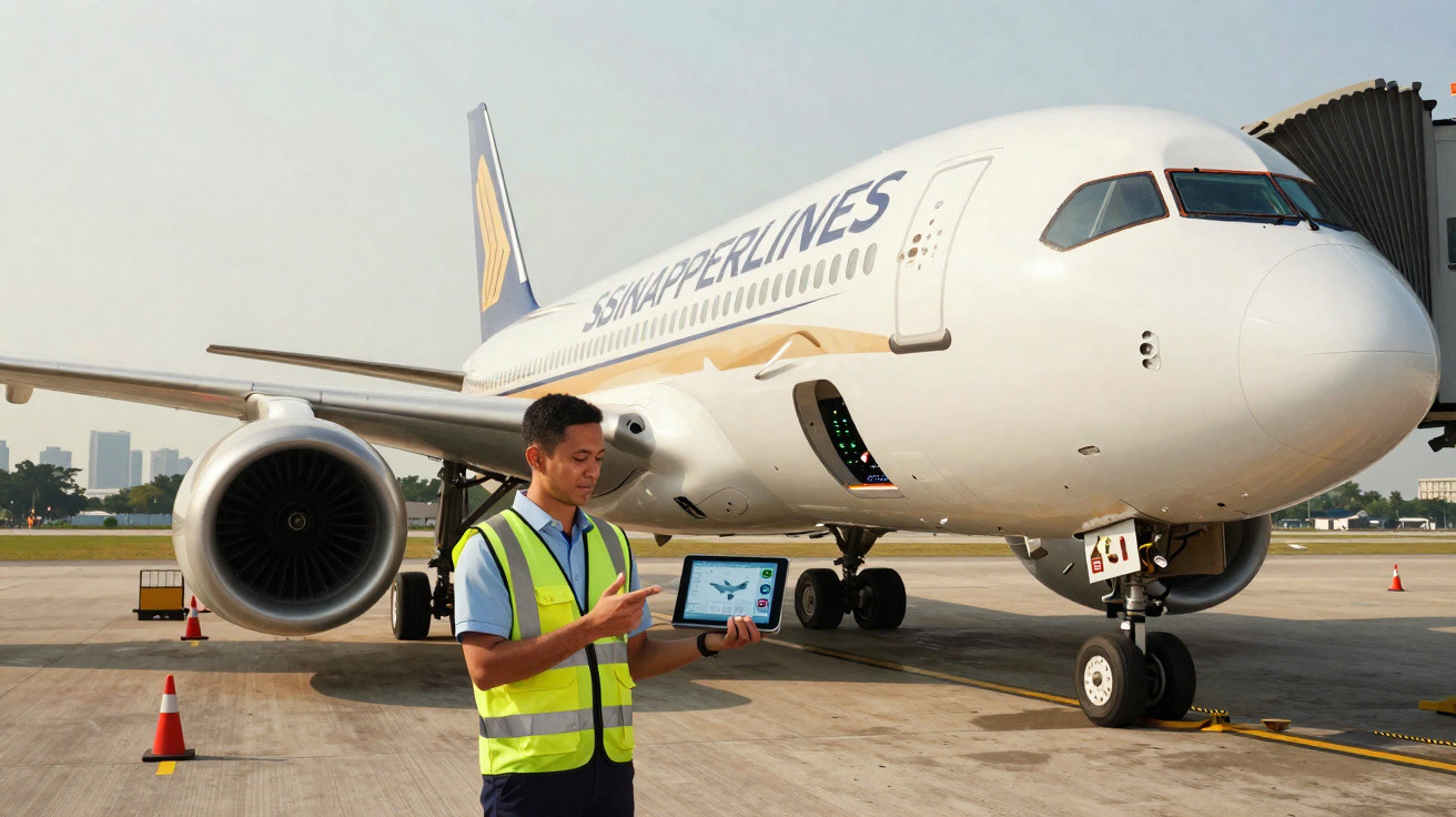Homem com colete refletor amarelo e tablet de controlo junto a avião da Singapore Airlines estacionado no aeroporto.