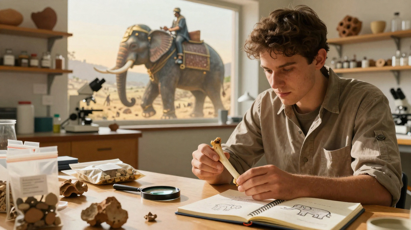 Jovem estuda fósseis de ossos de elefante num laboratório com imagem de elefante ao fundo.