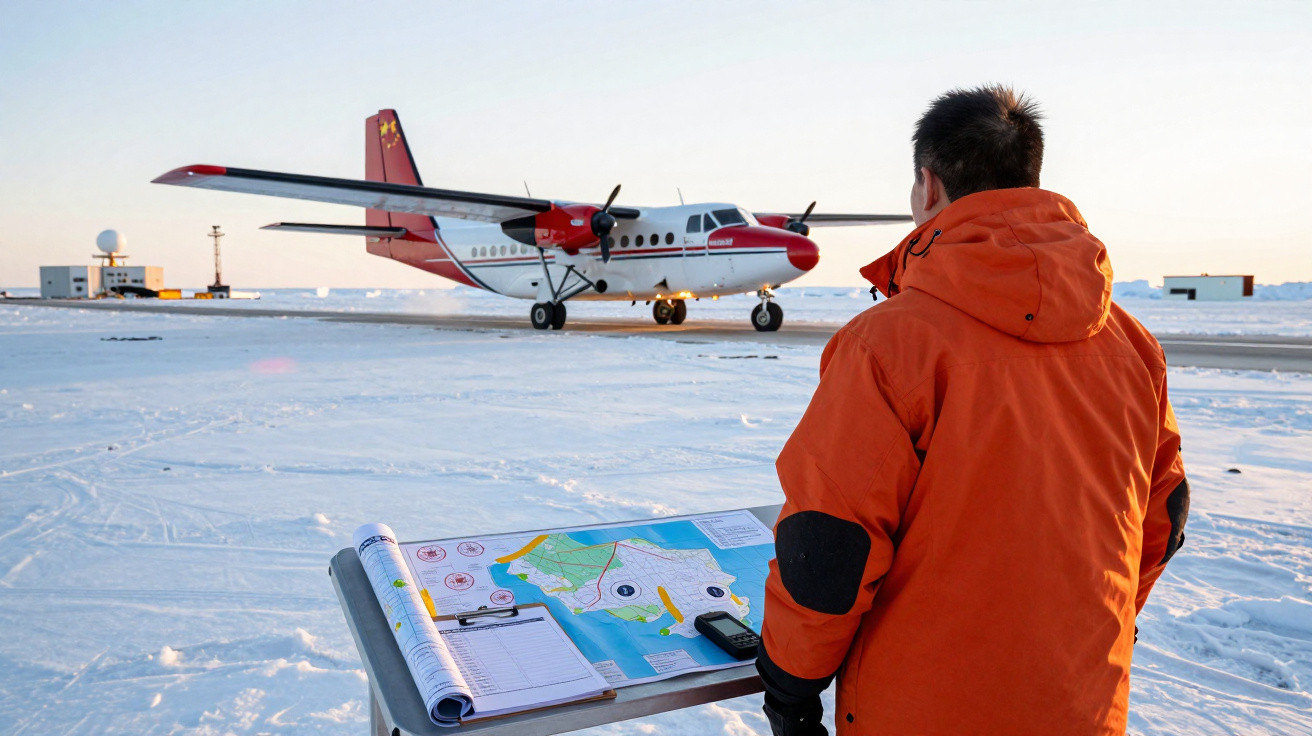 Homem com casaco laranja observa avião estacionado em pista coberta de neve com mapa sobre mesa.
