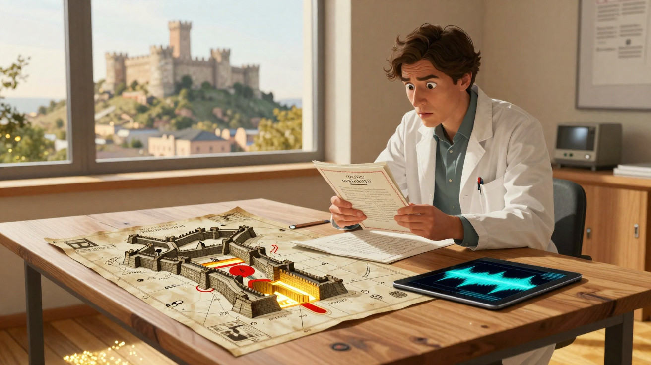 Jovem cientista a analisar planta 3D de um castelo iluminado numa mesa com janelas ao fundo.