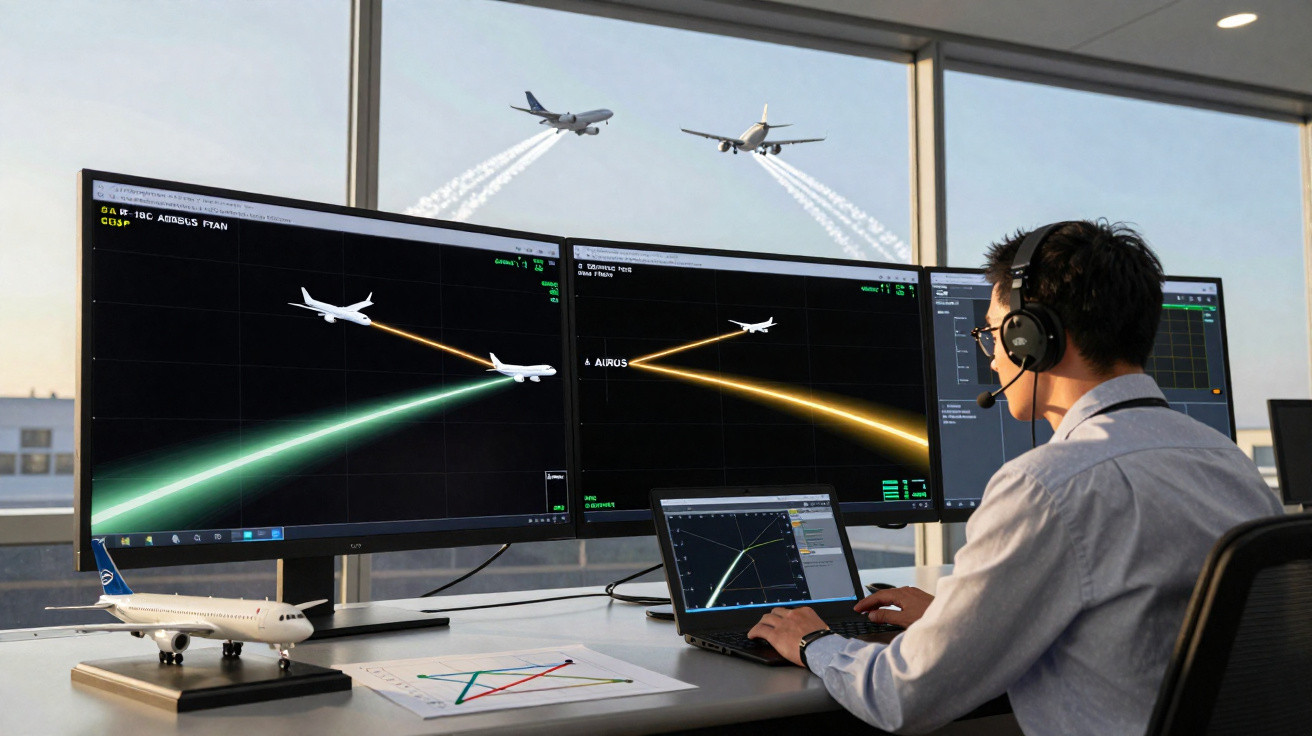 Controlador aéreo monitora tráfego de aviões com múltiplos ecrãs e modelo reduzido de avião numa torre de controlo.