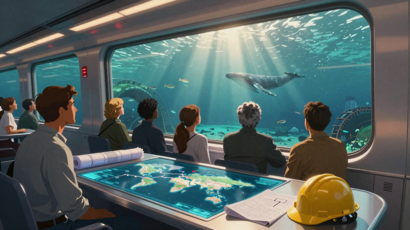 Pessoas observam uma baleia e peixes através da janela de um veículo subaquático moderno com mapa e capacete na mesa.