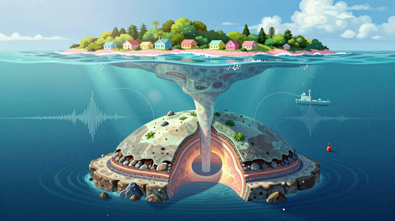 Ilustração de ilha com casas coloridas enquanto a parte submersa revela uma estrutura geológica em forma de funil.