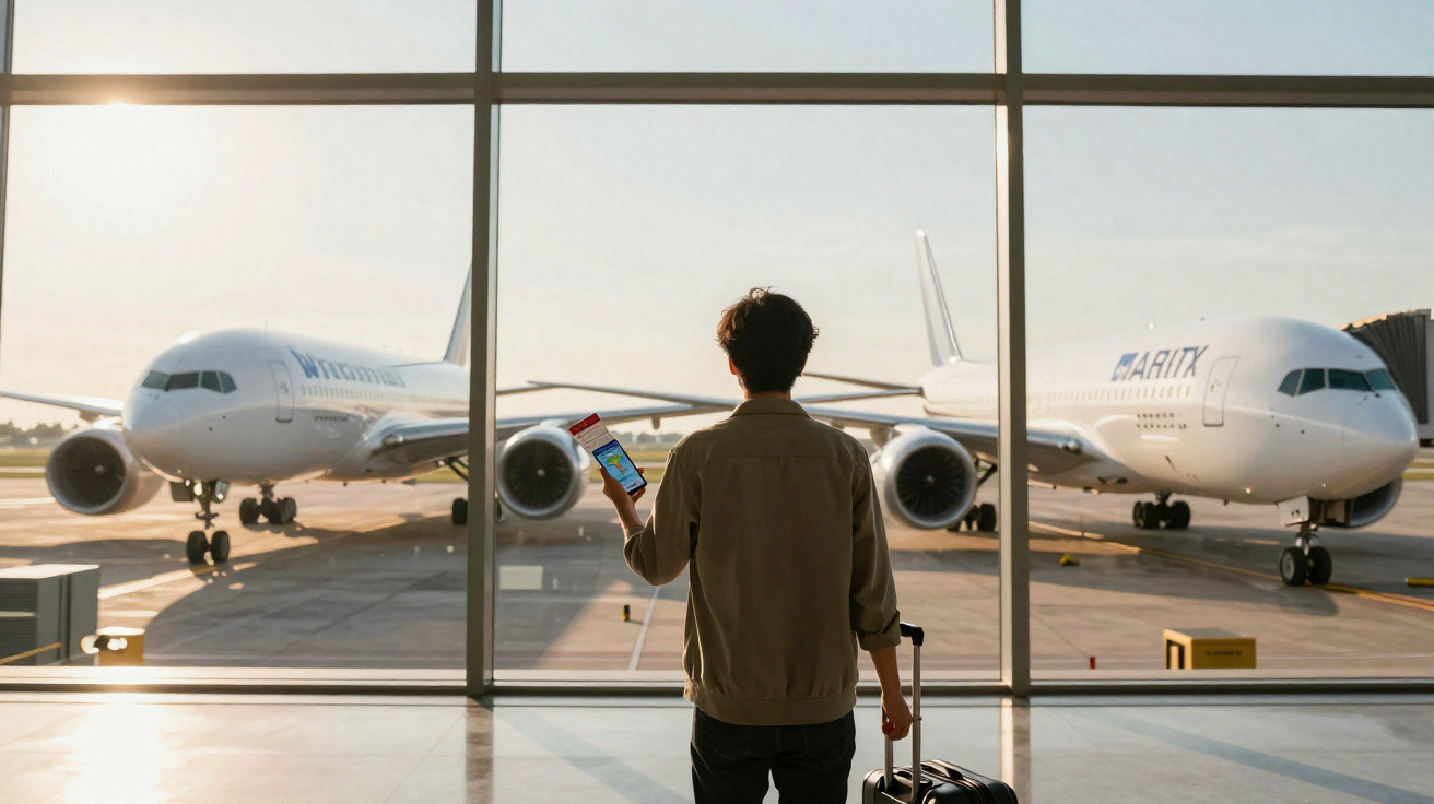 Homem com mala de viagem observa dois aviões estacionados no aeroporto ao pôr do sol.