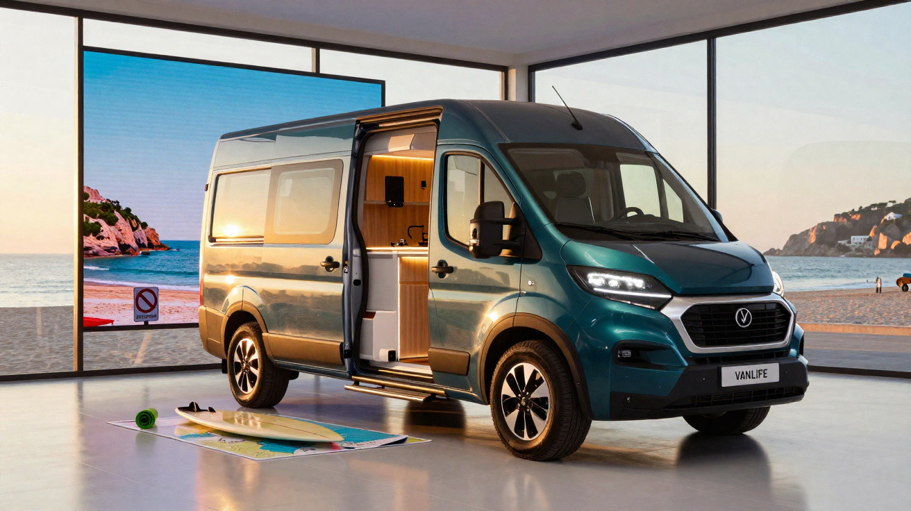 Carrinha de campismo azul estacionada em sala com porta lateral aberta e prancha de surf no chão.