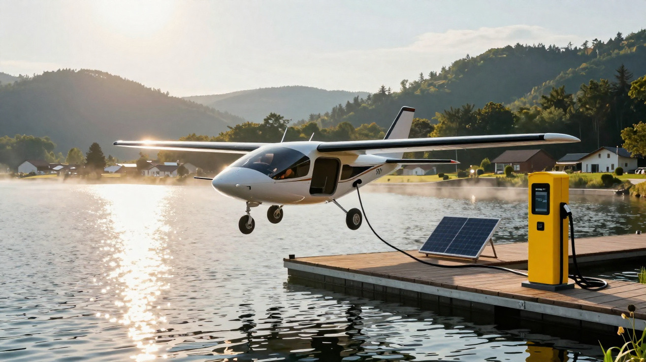 Avião elétrico a carregar numa estação solar numa pequena doca sobre um lago ao pôr do sol.