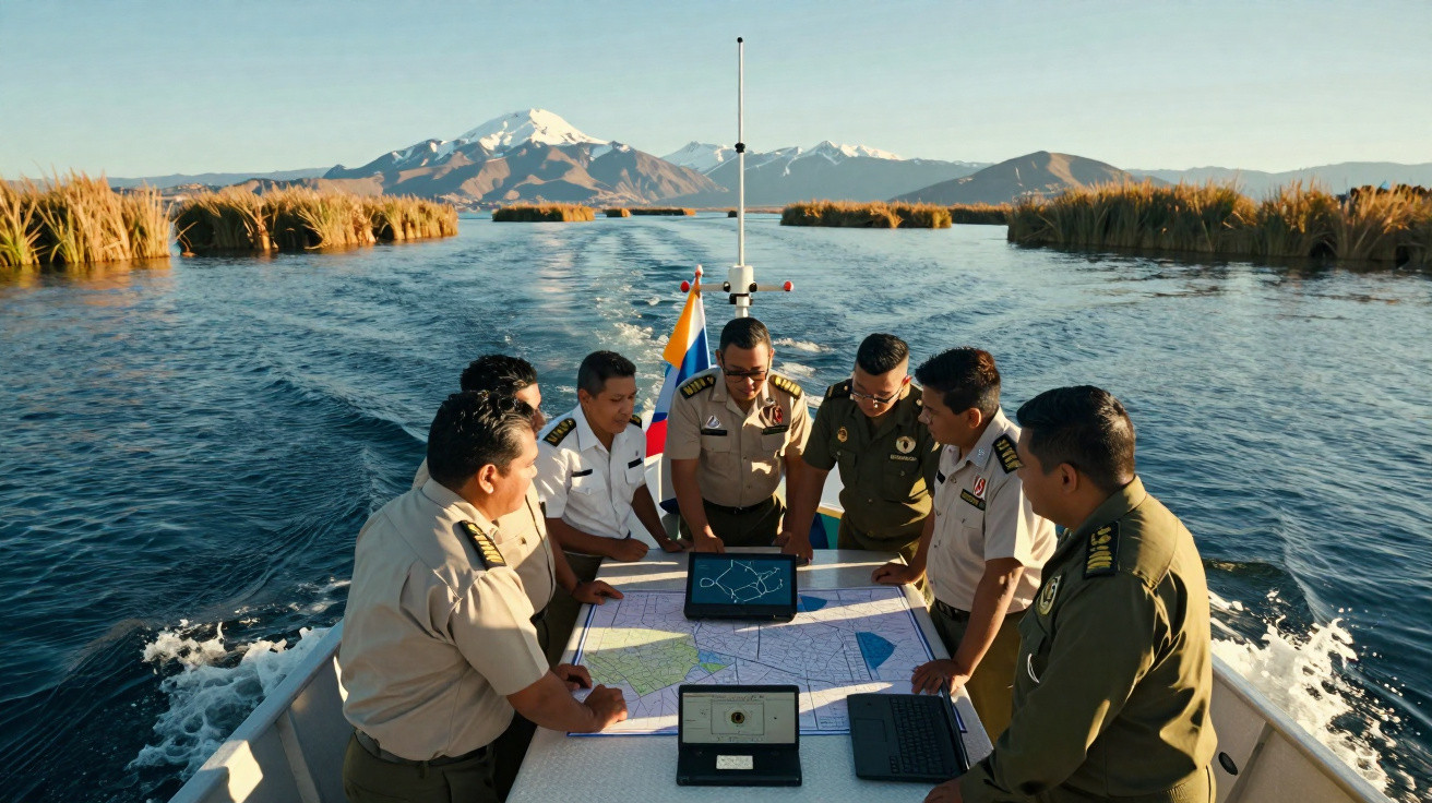 Seis homens em uniformes militares analisam mapas e tecnologia num barco em lago com montanhas e vegetação ao fundo.