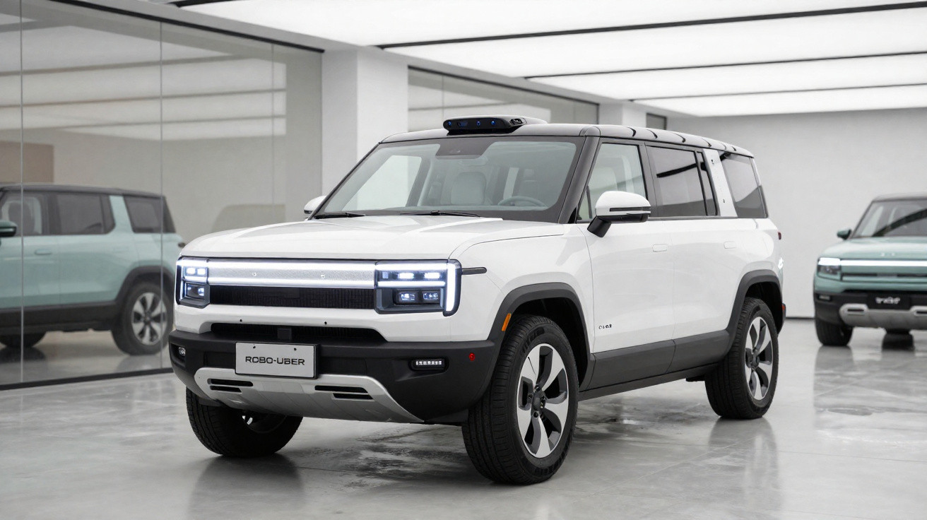 Carro SUV eléctrico branco estacionado em showroom moderno com vidros espelhados.