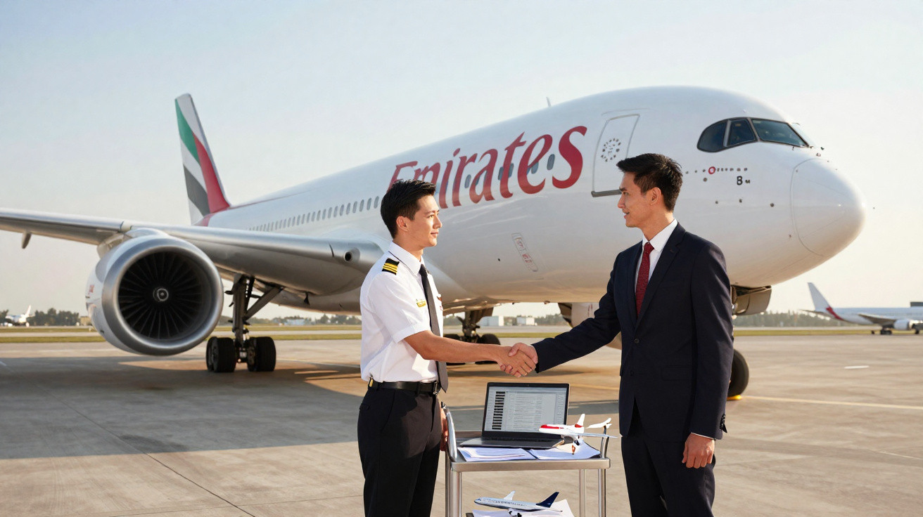 Piloto e executivo apertam as mãos em frente a avião da Emirates numa pista de aeroporto.