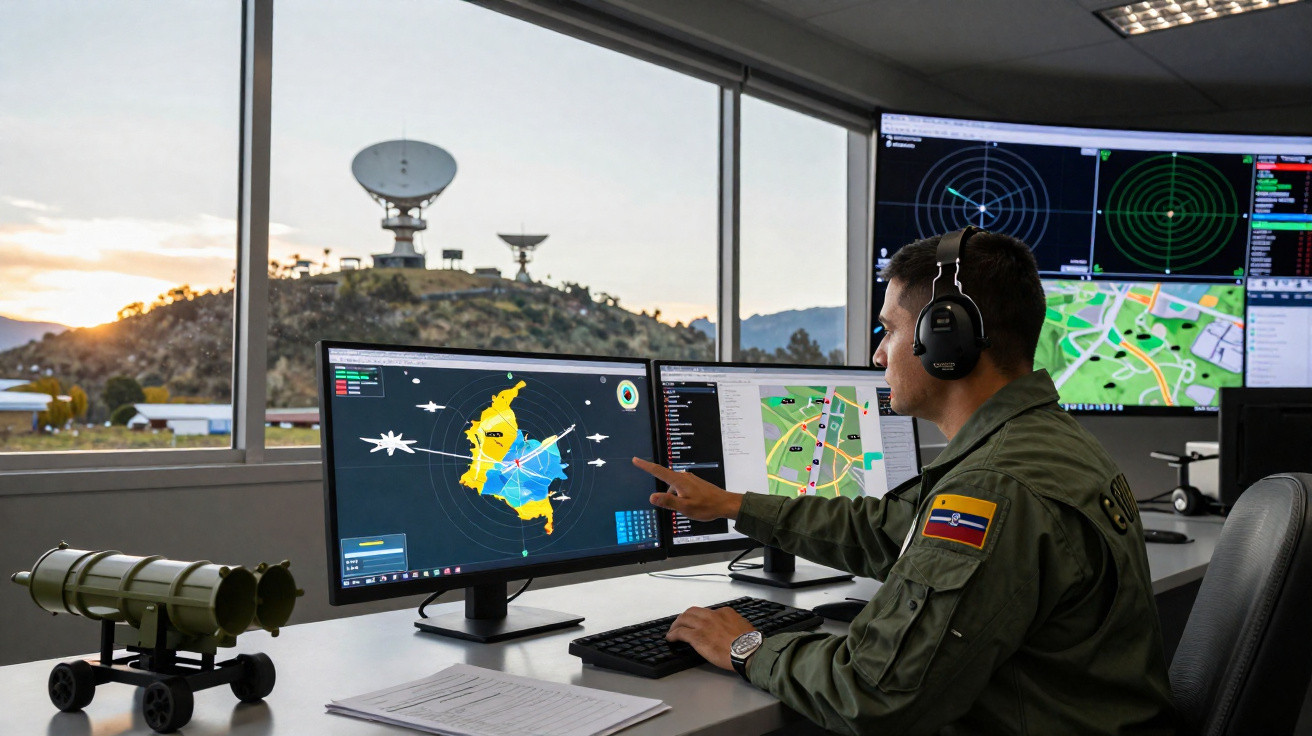 Homem em uniforme militar com auscultadores analisa mapas e radares em monitores numa sala de controlo com antenas ao fundo.