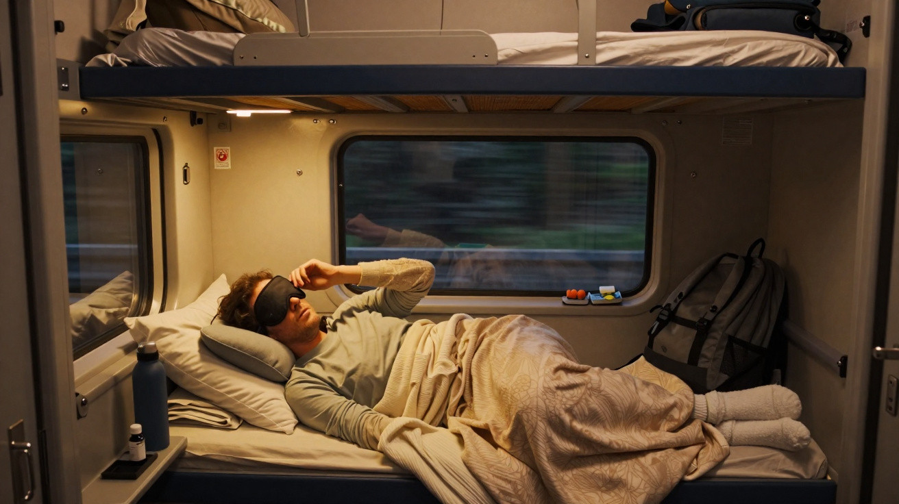Homem deitado em cama inferior de cabine de comboio, com tapa-olhos e cobertor, mochilas e janela ao fundo.