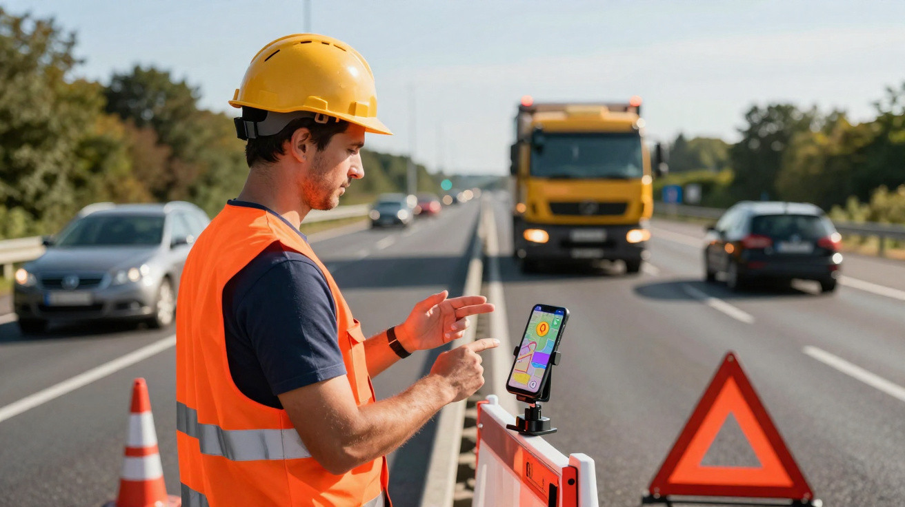 Trabalhador de construção com colete e capacete consulta app de navegação numa estrada com trânsito e cones de sinalização.
