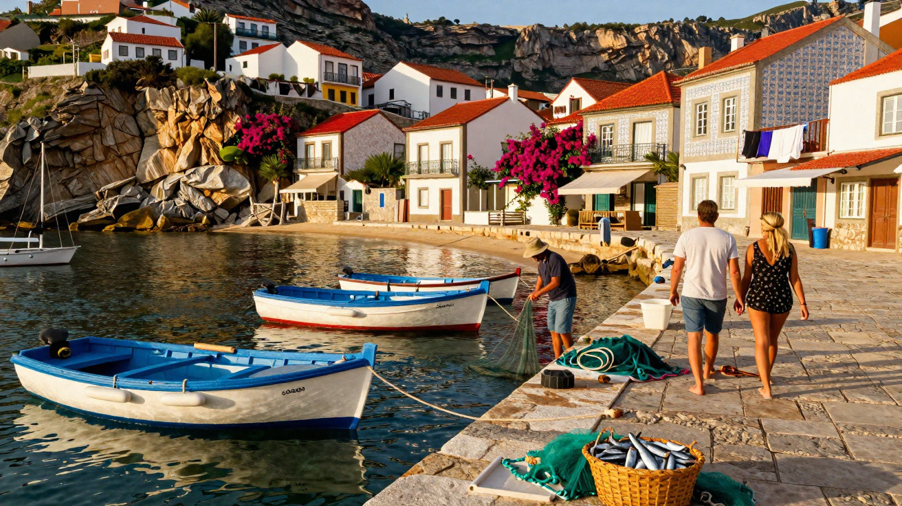 Vista de vila piscatória com barcos, pescador a trabalhar e casal a passear junto ao mar ao entardecer.