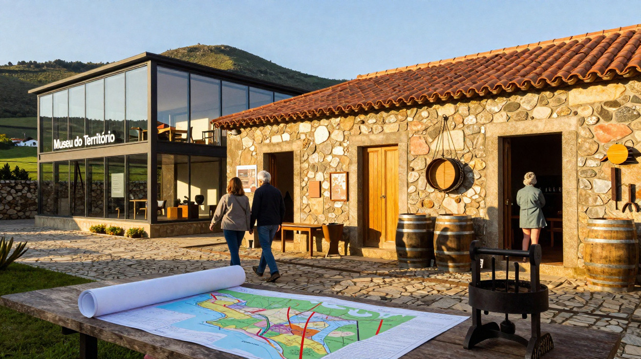Exterior do Museu do Território com visitantes, construção em pedra e mapa sobre mesa de madeira ao pôr do sol.