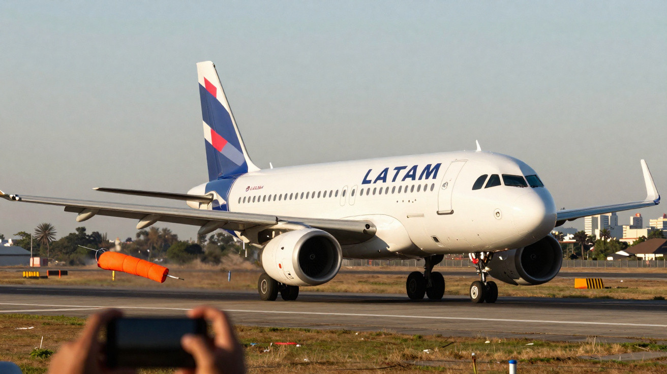 Avião da LATAM a taxiamento numa pista de aeroporto ao pôr do sol.