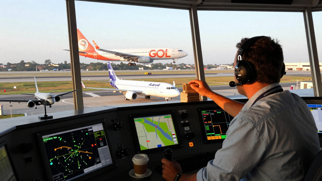 Controlador aéreo numa torre a monitorizar aviões na pista, com painéis de radar e comunicação à frente.