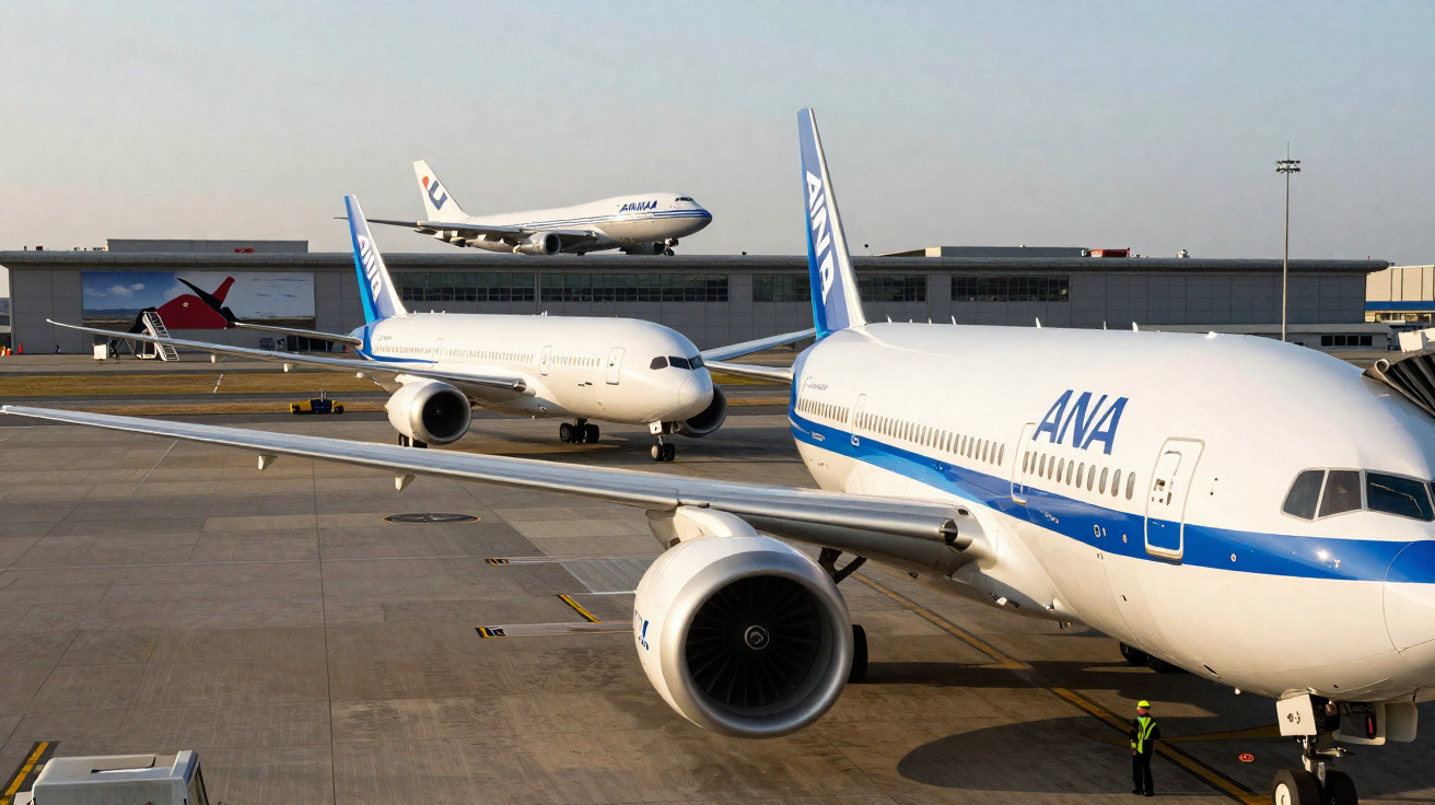 Aviões da ANA no aeroporto, com um avião a aterrar e outro a taxiando na pista ao fundo.