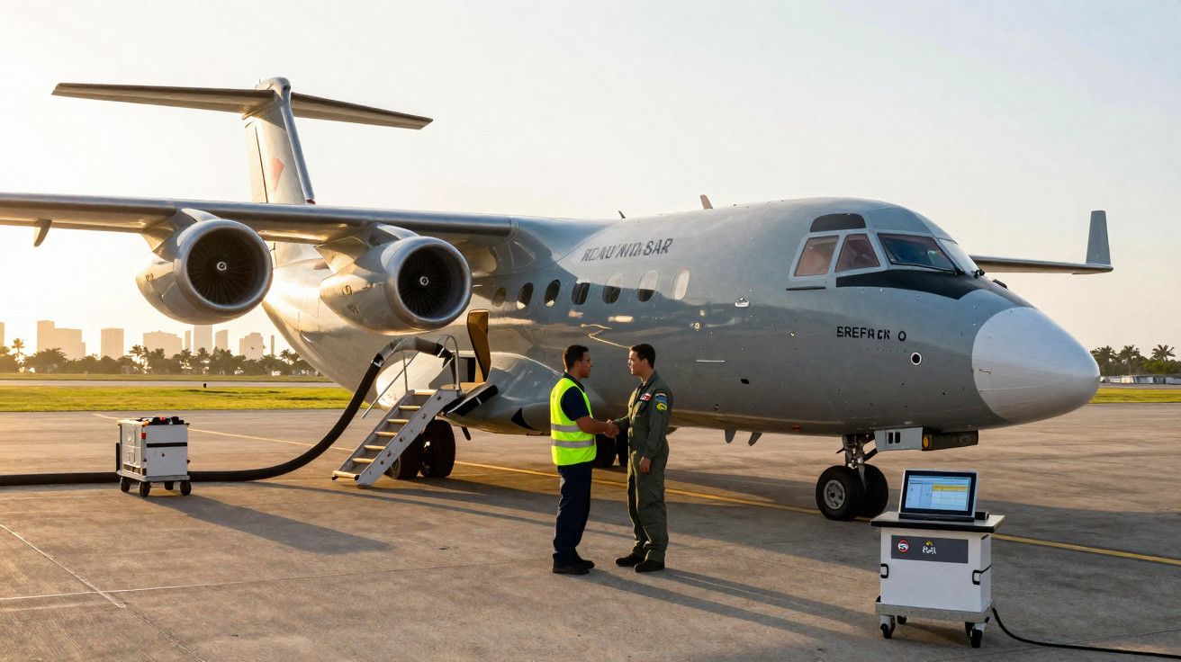 Avião militar cinzento estacionado com dois homens a cumprimentar-se junto à escada num aeroporto.