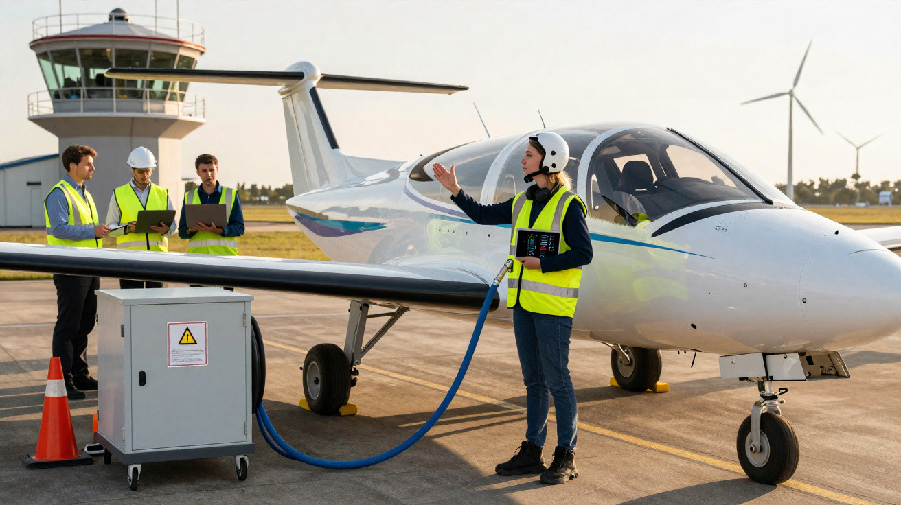 Pessoa a abastecer avião eléctrico na pista, com equipa técnica e torre de controlo ao fundo.