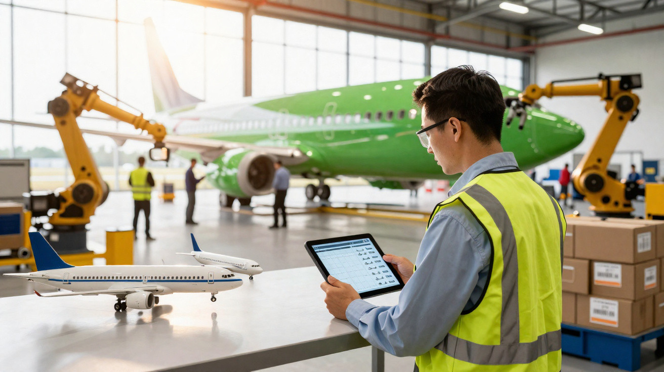 Homem com colete refletor usa tablet na fábrica com avião verde e modelos de aviões numa mesa.