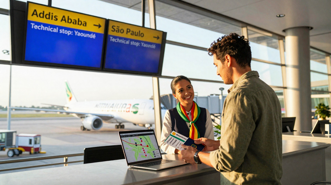 Funcionária de aeroporto a ajudar passageiro no balcão com voo para Addis Ababa e São Paulo ao fundo.