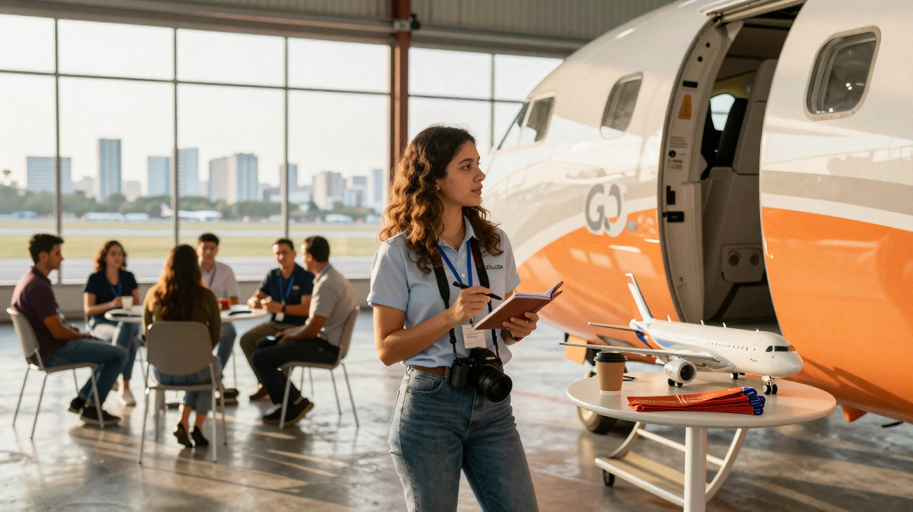 Mulher com caderno e câmara perto de avião e modelo em hangar com grupo de seis pessoas sentadas ao fundo.