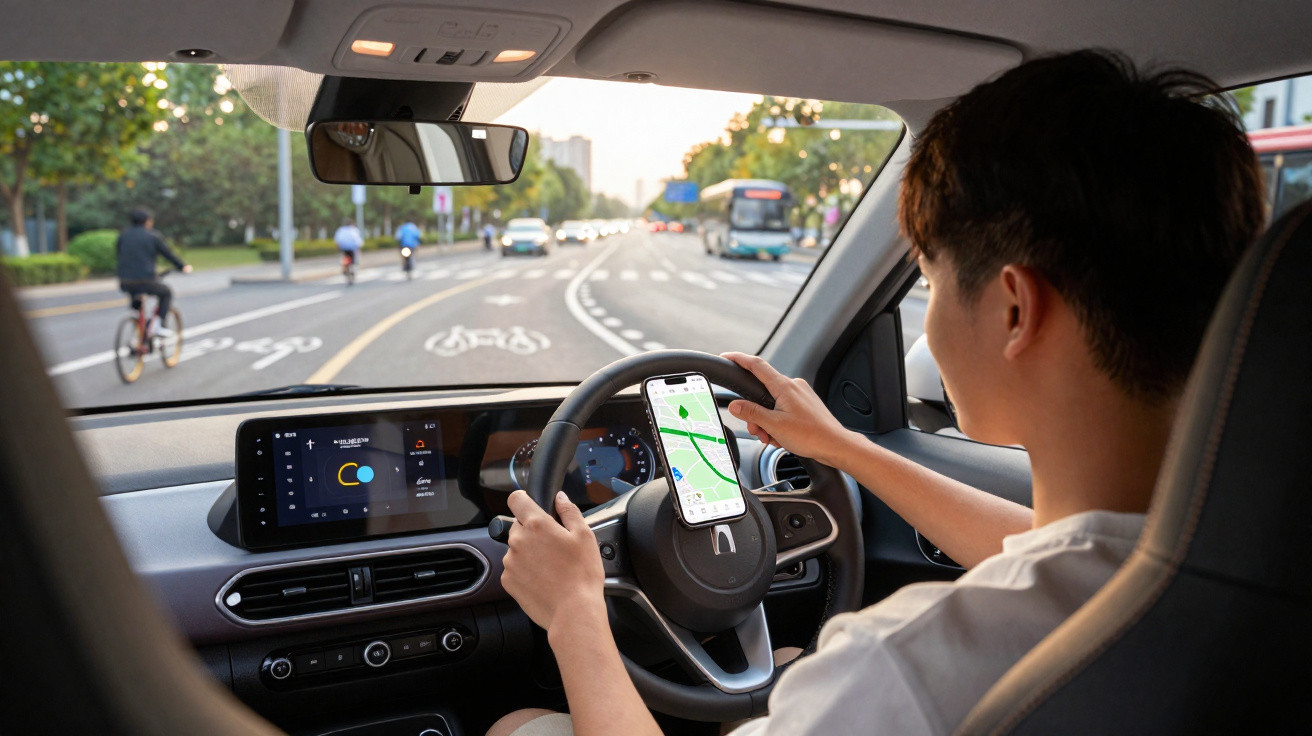 Homem a conduzir carro com aplicação de navegação visível no telemóvel montado no volante.