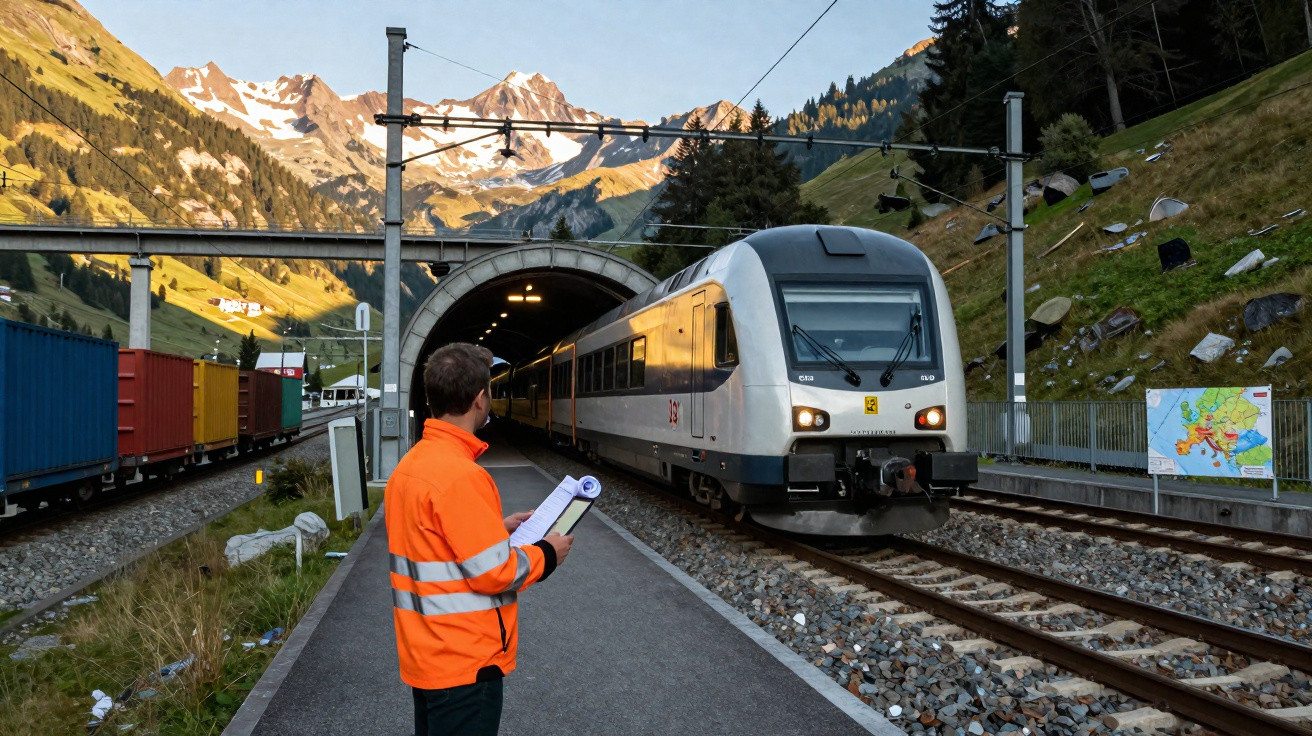 Homem de casaco laranja observa comboio a sair de túnel nos Alpes com montanhas ao fundo.