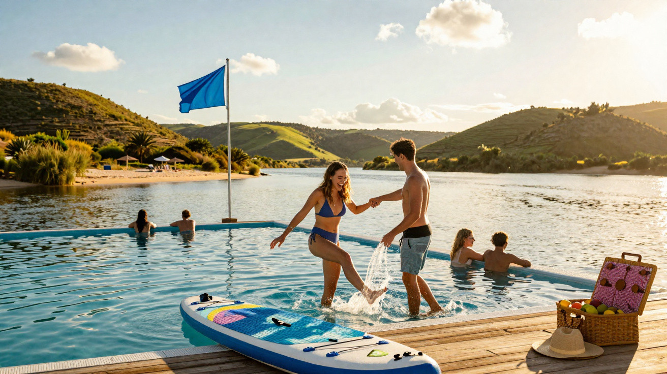 Casal a divertir-se numa piscina infinita junto a um lago com colinas ao fundo, ao final da tarde.