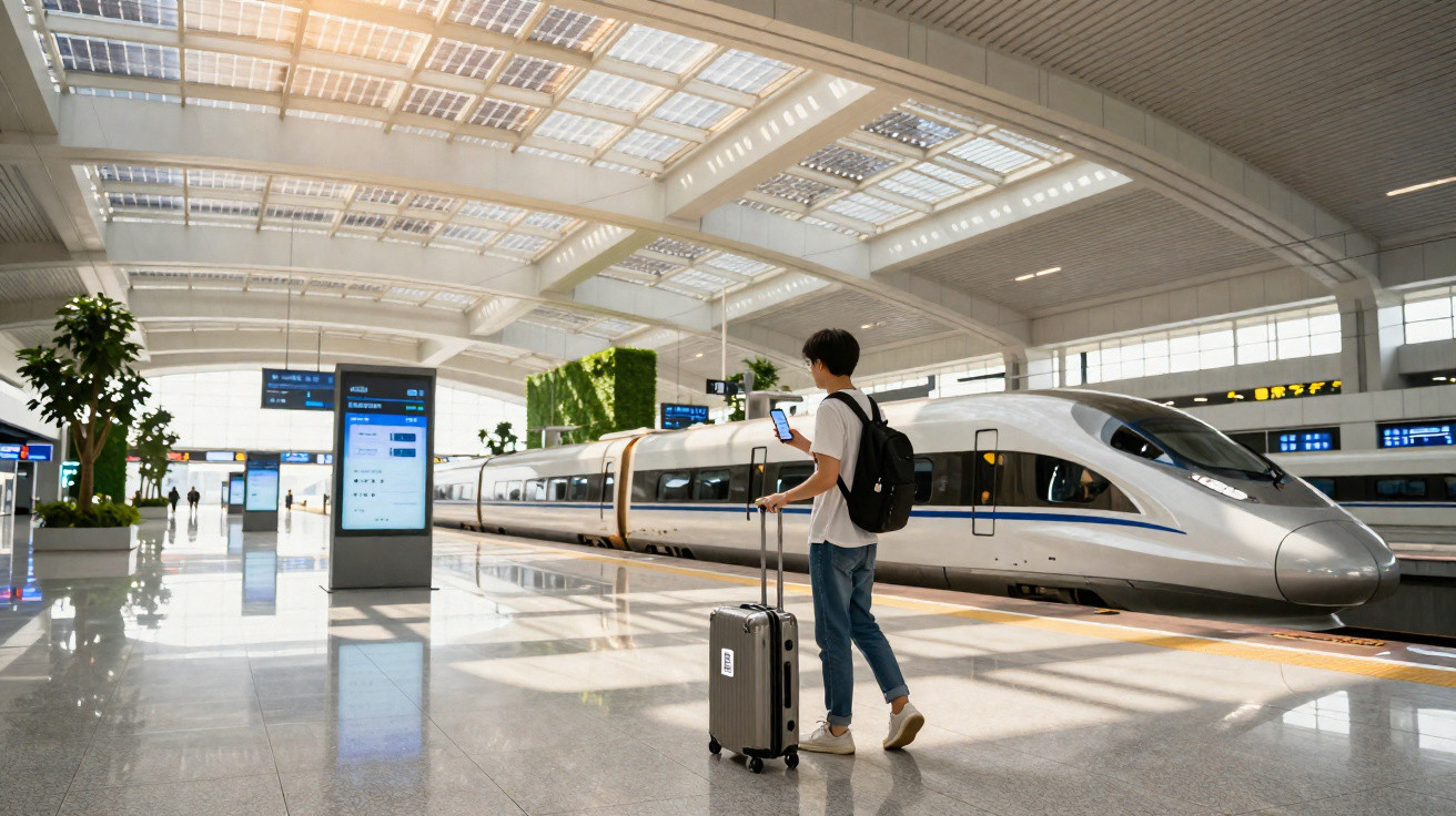 Homem jovem com mochila e mala consulta telemóvel numa estação moderna ao lado de comboio de alta velocidade.