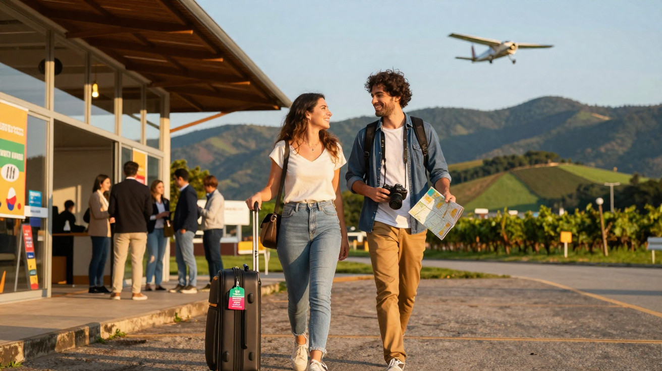 Casal jovem a caminhar com mala e mapa, com pessoas ao fundo e avião a sobrevoar, em zona rural montanhosa.