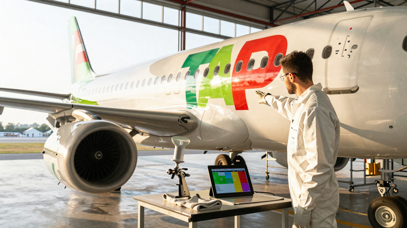 Técnico em macacão branco inspeciona avião TAP numa hangar com equipamento de monitorização na mesa.